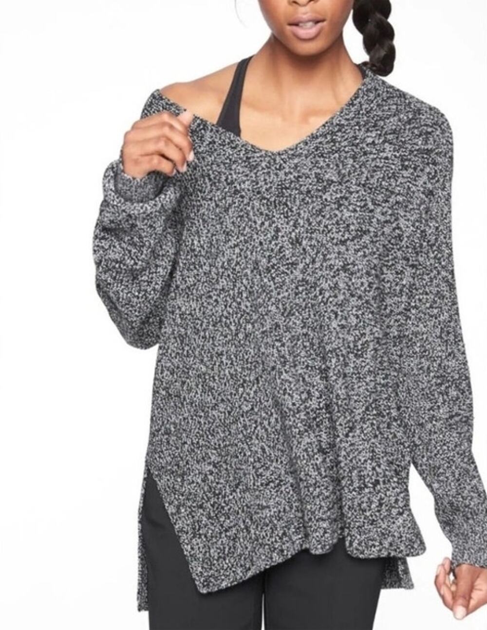 Athleta Switchback Pullover Sweater Cozy Merino Wool Black Marl Top XXS
